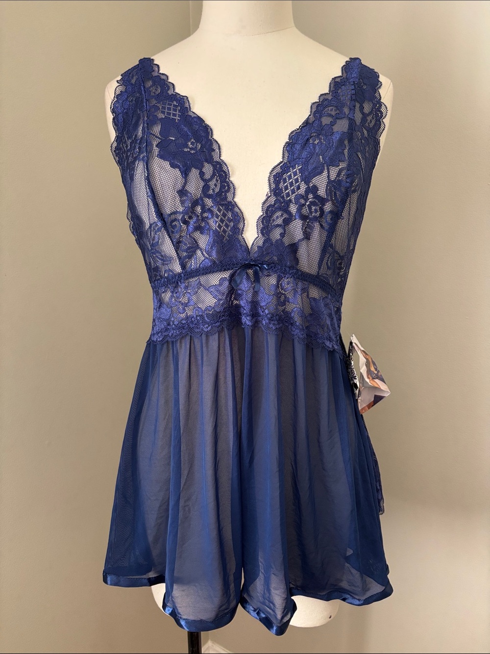 Seven Til Midnight Two Piece Navy Babydoll Set Plunge Neckline and Panty L/XL